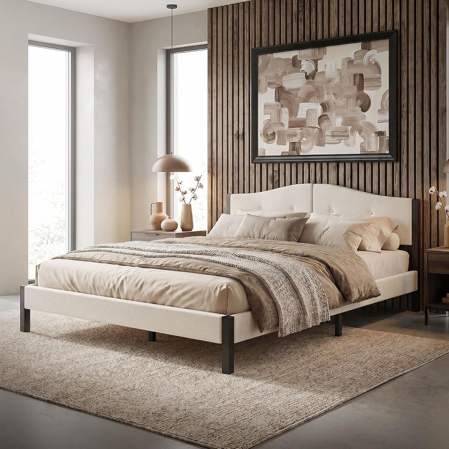 Lit Rembourré ML-Design | Cadre en Acier, Sommier à Lattes, Tête de Lit | Tissu Lin Beige ou Gris | 90/140/160/180 x 200 cm
