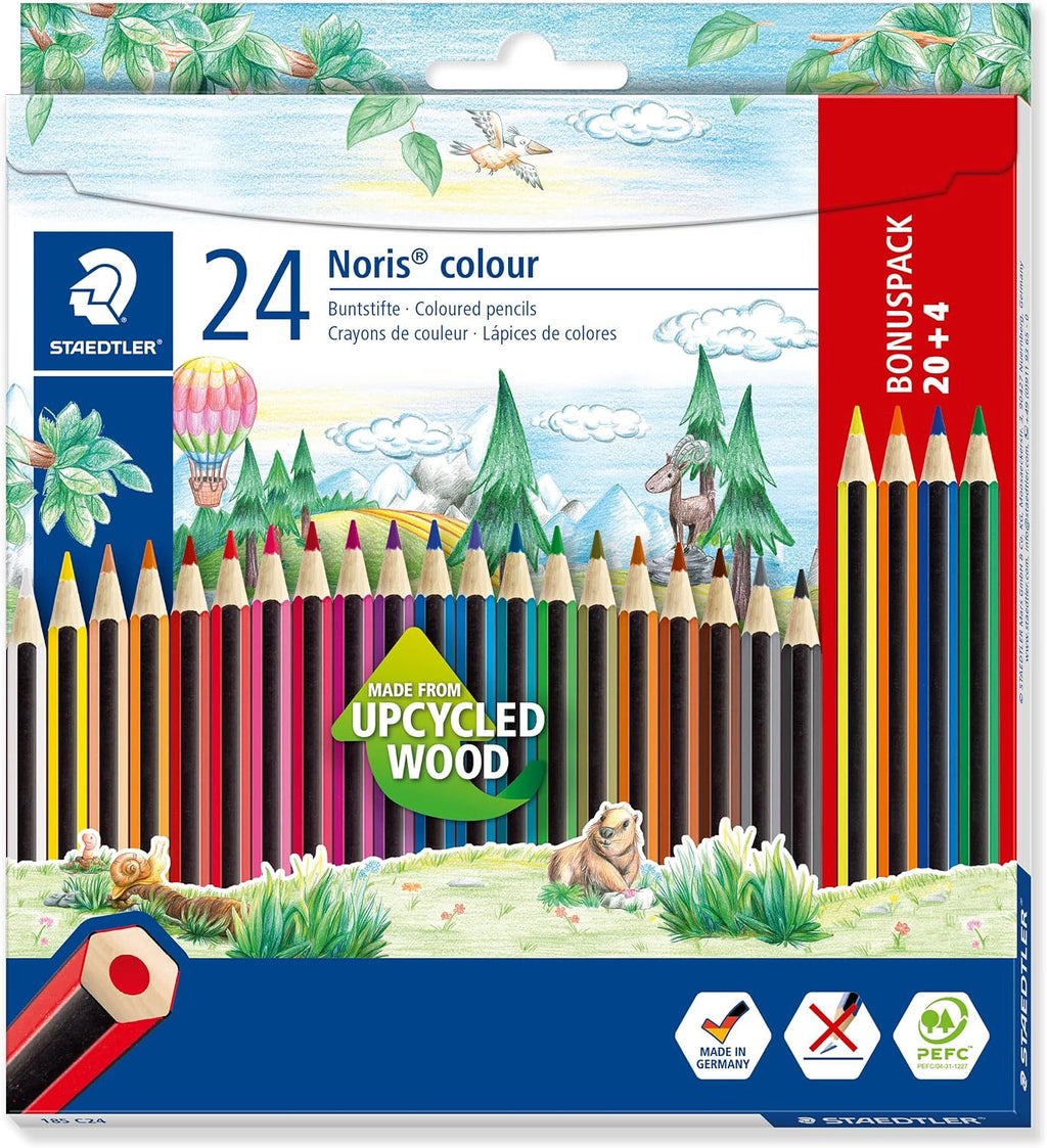 STAEDTLER - Noris colour 185 - Cardboard case of 24 assorted coloured pencils in upcycled wood - 20 + 4 free - 185 C24P
