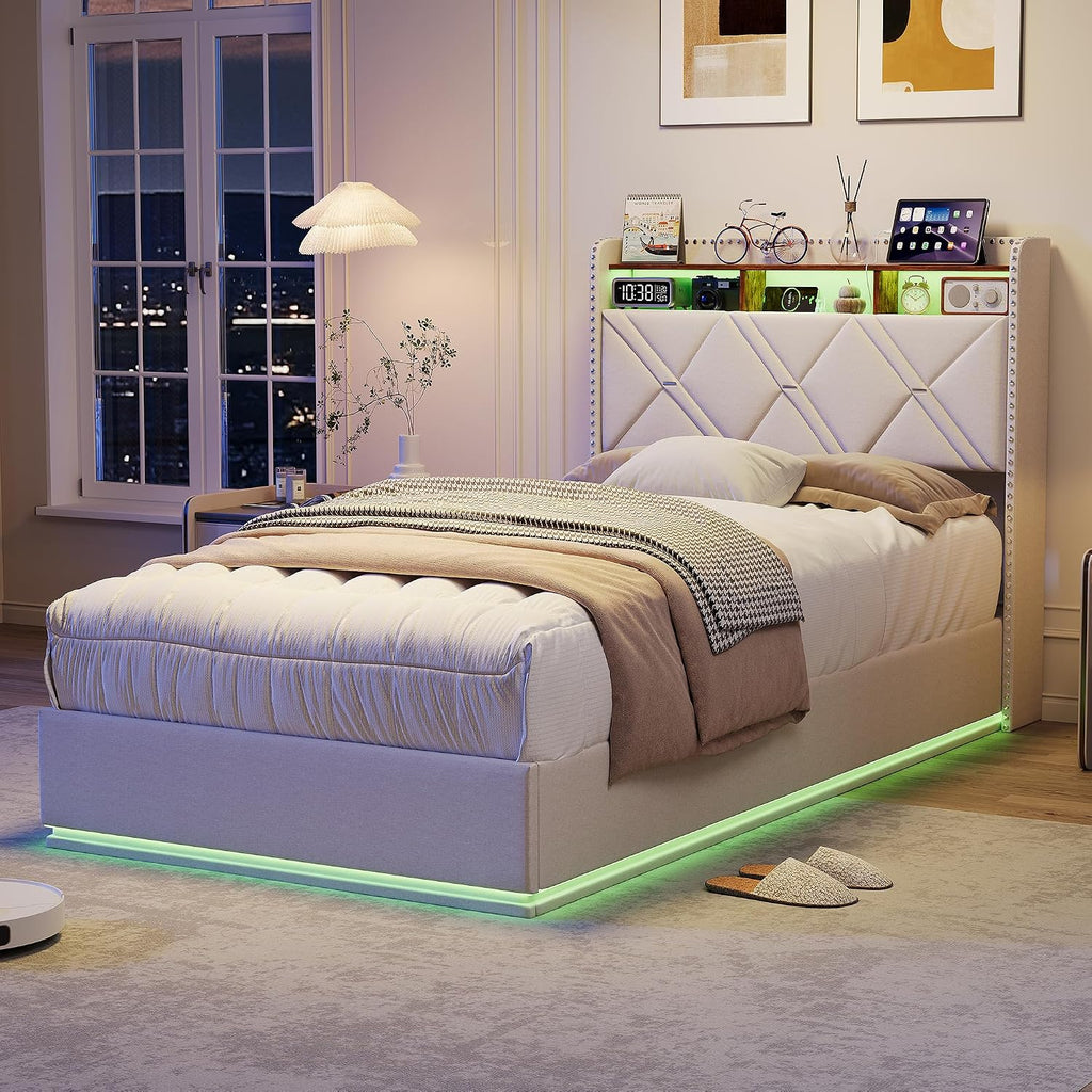 Lit Coffre 90x200 cm – Tête de Lit Rangement, Éclairage LED 16 Couleurs & Ports USB/USB-C