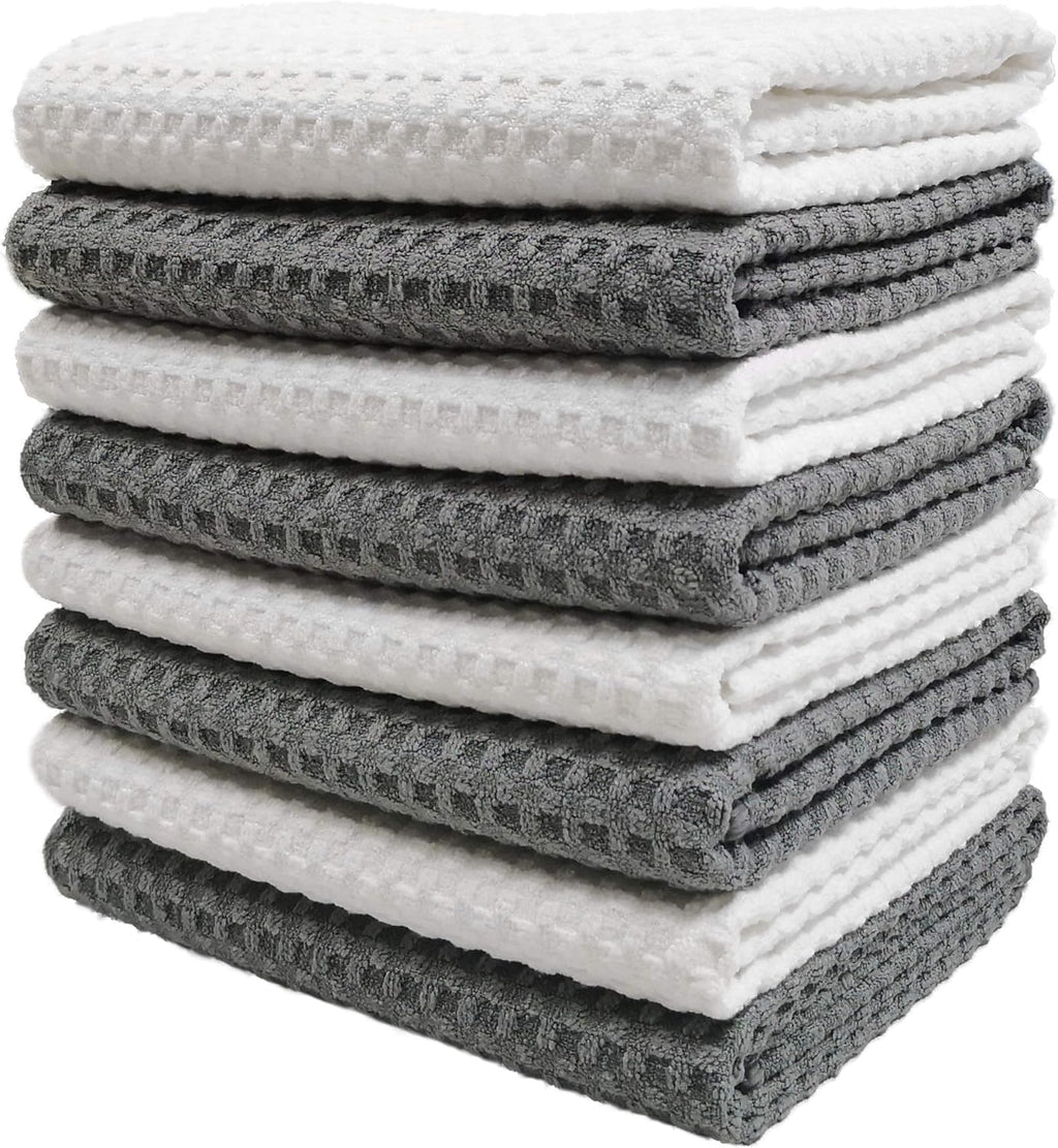 Torchons de Cuisine POLYTE – Lot de 8 Microfibres Gauffrées Ultra-Absorbantes, 40 x 71 cm, Gris & Blanc