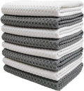 Torchons de Cuisine POLYTE – Lot de 8 Microfibres Gauffrées Ultra-Absorbantes, 40 x 71 cm, Gris & Blanc