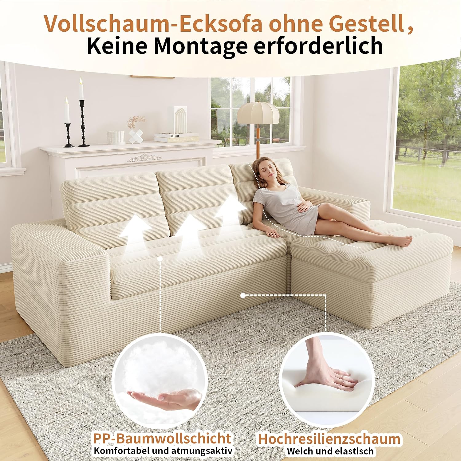Canapé d'Angle Modulable 3 Places – Mémoire de Forme, Housse Lavable, Sans Montage | Blanc