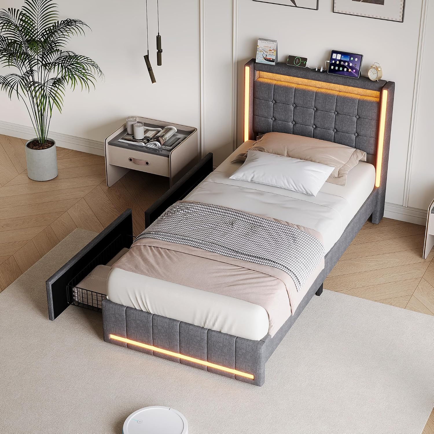 Lit Coffre Capitonné 140 x 200 cm – Tête de Lit Hydraulique & Sommier à Lattes – Flanelle Blanc Cassé