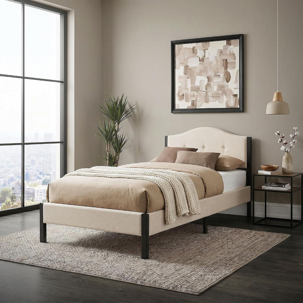 Lit Rembourré ML-Design | Cadre en Acier, Sommier à Lattes, Tête de Lit | Tissu Lin Beige ou Gris | 90/140/160/180 x 200 cm