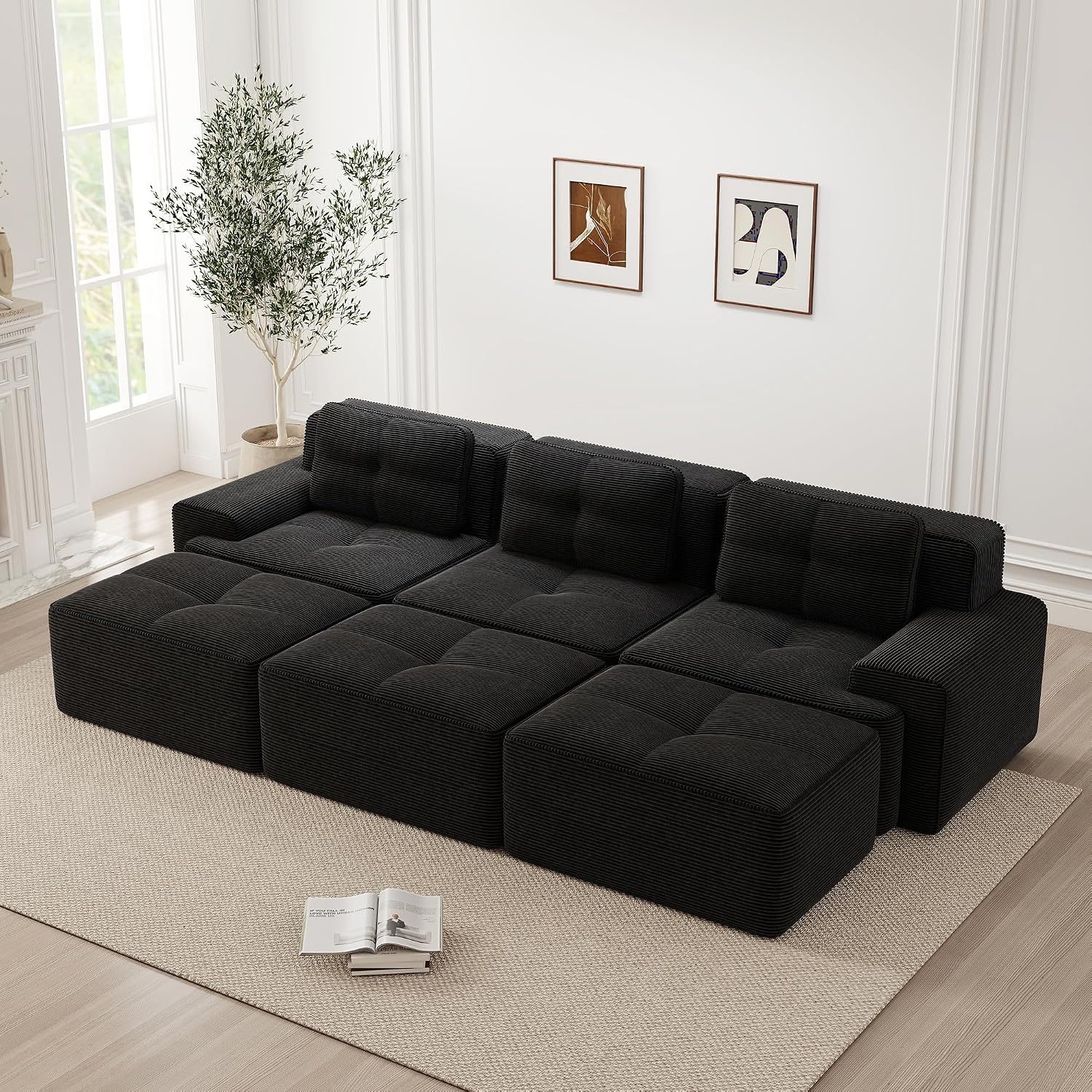Canapé modulable en L Bladez – 3+1 places – Tissu côtelé kaki clair – Assise profonde