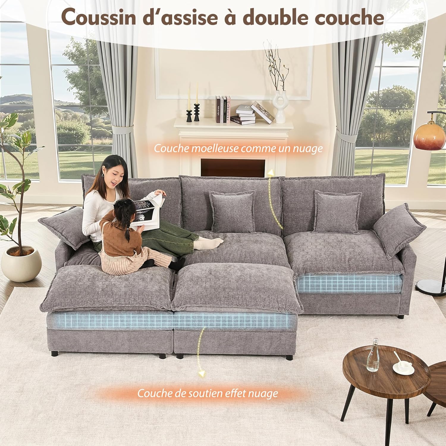 Canapé Modulable Litbird 3 Places — Velours Côtelé, Rose Pâle, Convertible