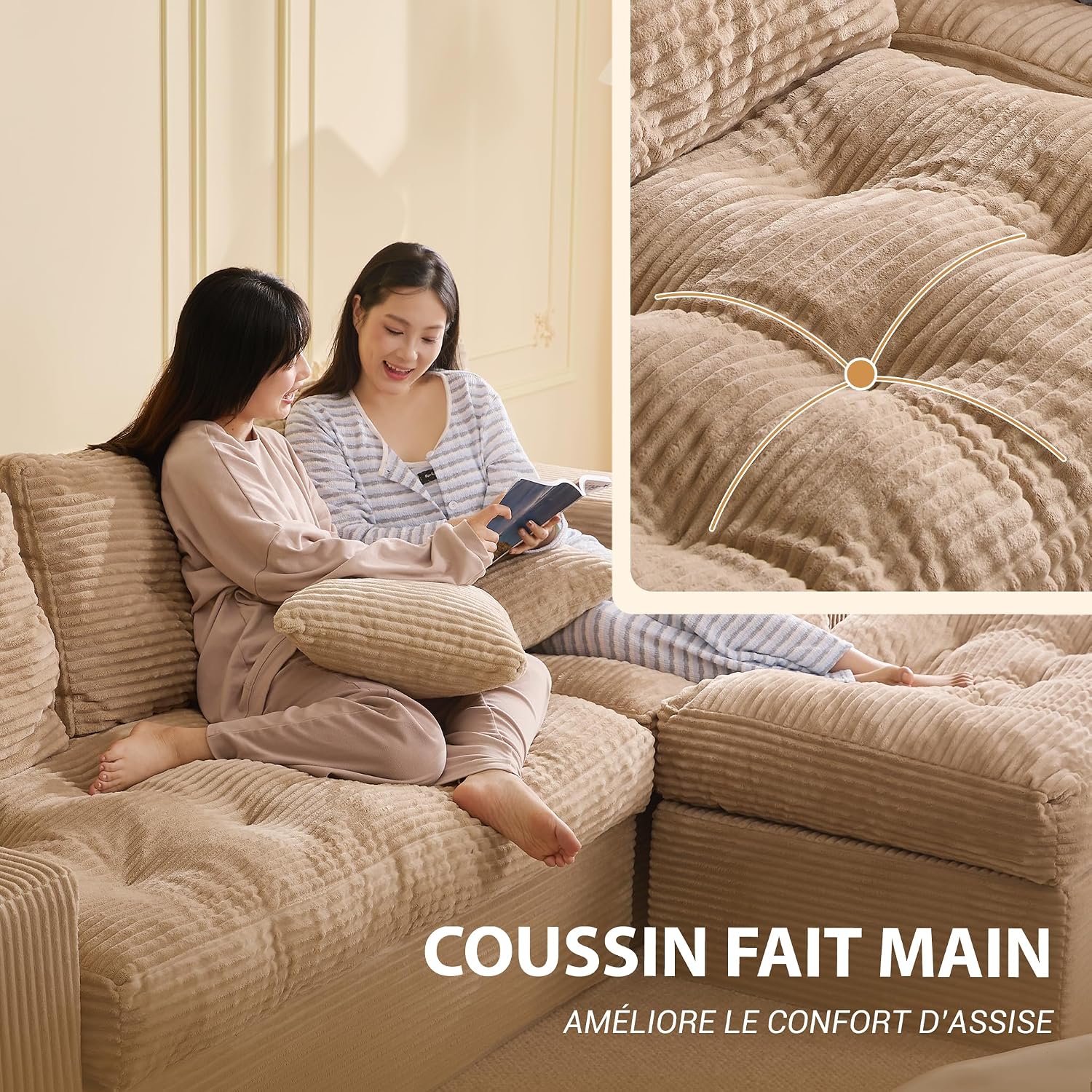 Canapé d'angle modulable Litbird – 3 places + pouf – Velours côtelé beige – Sans montage