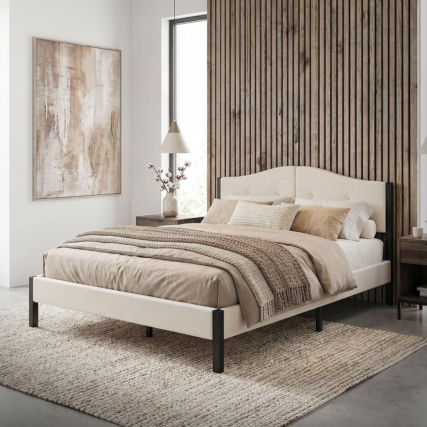 Lit Rembourré ML-Design | Cadre en Acier, Sommier à Lattes, Tête de Lit | Tissu Lin Beige ou Gris | 90/140/160/180 x 200 cm