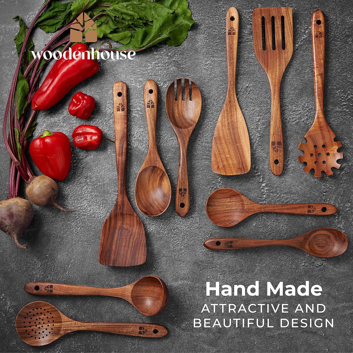 Set d'Ustensiles de Cuisine en Bois de Teck 10 Pièces — Anti-rayures, Sans BPA