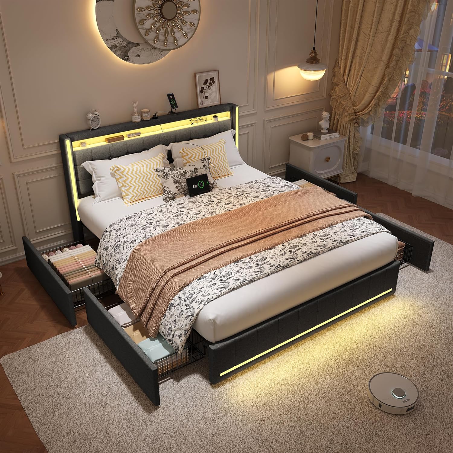Lit Double 140x200 cm – 4 Tiroirs de Rangement, Éclairage LED +6000 Couleurs & Tête de Lit Réglable en PU