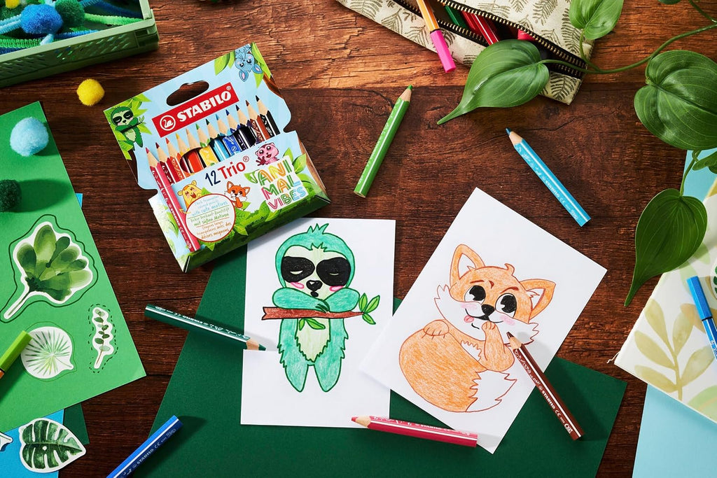 STABILO - 12 Triangular Colored Pencils - Trio Thick Short Animal Vibes - 12 Colours