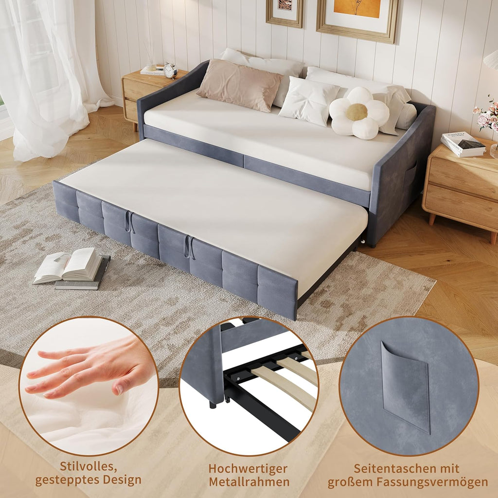 Canapé-Lit Convertible LKPOMI 2 Places — Velours Beige, Lit 180x200 cm
