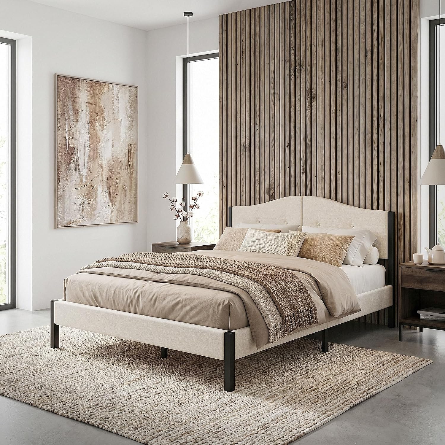 Lit Rembourré ML-Design | Cadre en Acier, Sommier à Lattes, Tête de Lit | Tissu Lin Beige ou Gris | 90/140/160/180 x 200 cm