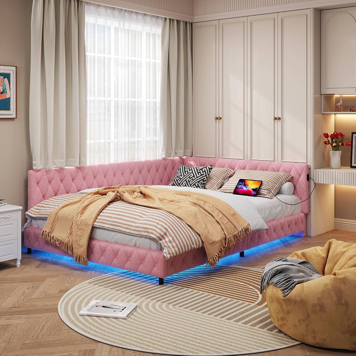 Canapé-Lit Convertible LKPOMI 2 Places — Velours Beige, Lit 180x200 cm
