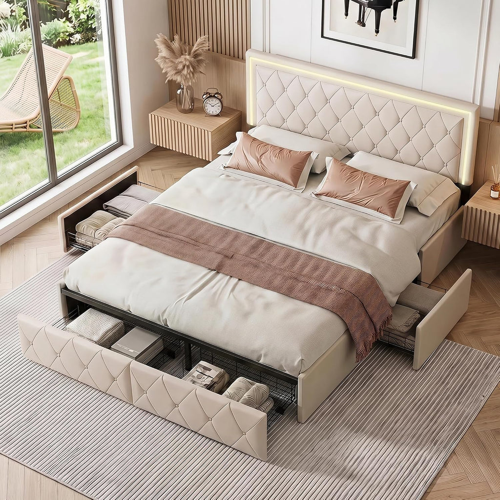 Lit Double 140x200 cm – 4 Tiroirs de Rangement, Éclairage LED +6000 Couleurs & Tête de Lit Réglable en PU