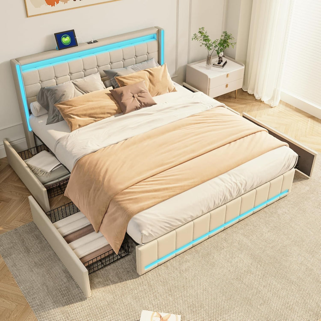 Lit Coffre Capitonné 140 x 200 cm – Tête de Lit Hydraulique & Sommier à Lattes – Flanelle Blanc Cassé