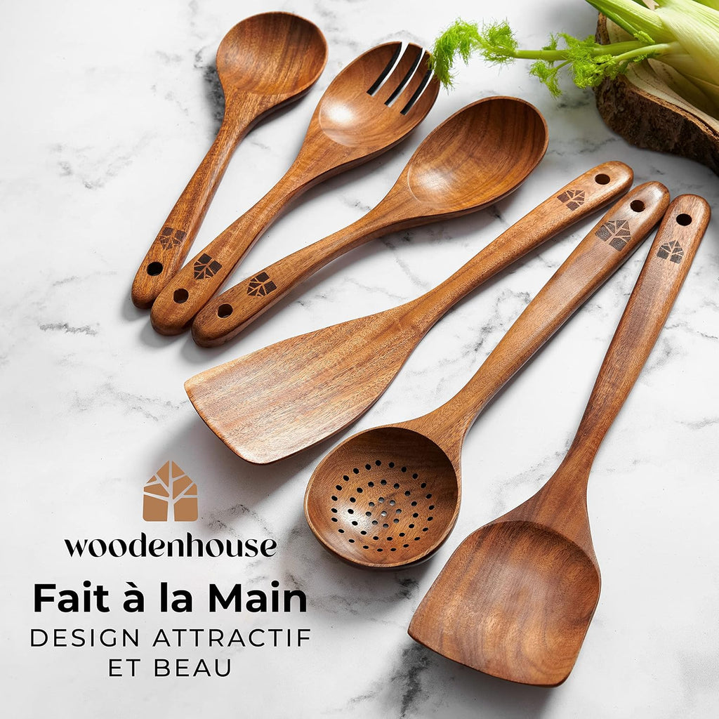 Set d'Ustensiles de Cuisine en Bois de Teck 10 Pièces — Anti-rayures, Sans BPA