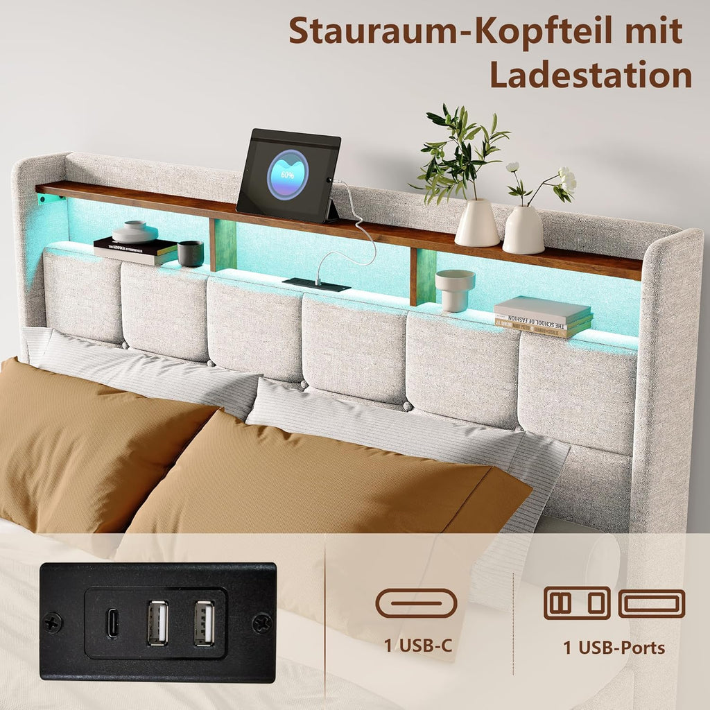 Lit Coffre Capitonné 140 x 200 cm – Tête de Lit Hydraulique & Sommier à Lattes – Flanelle Blanc Cassé
