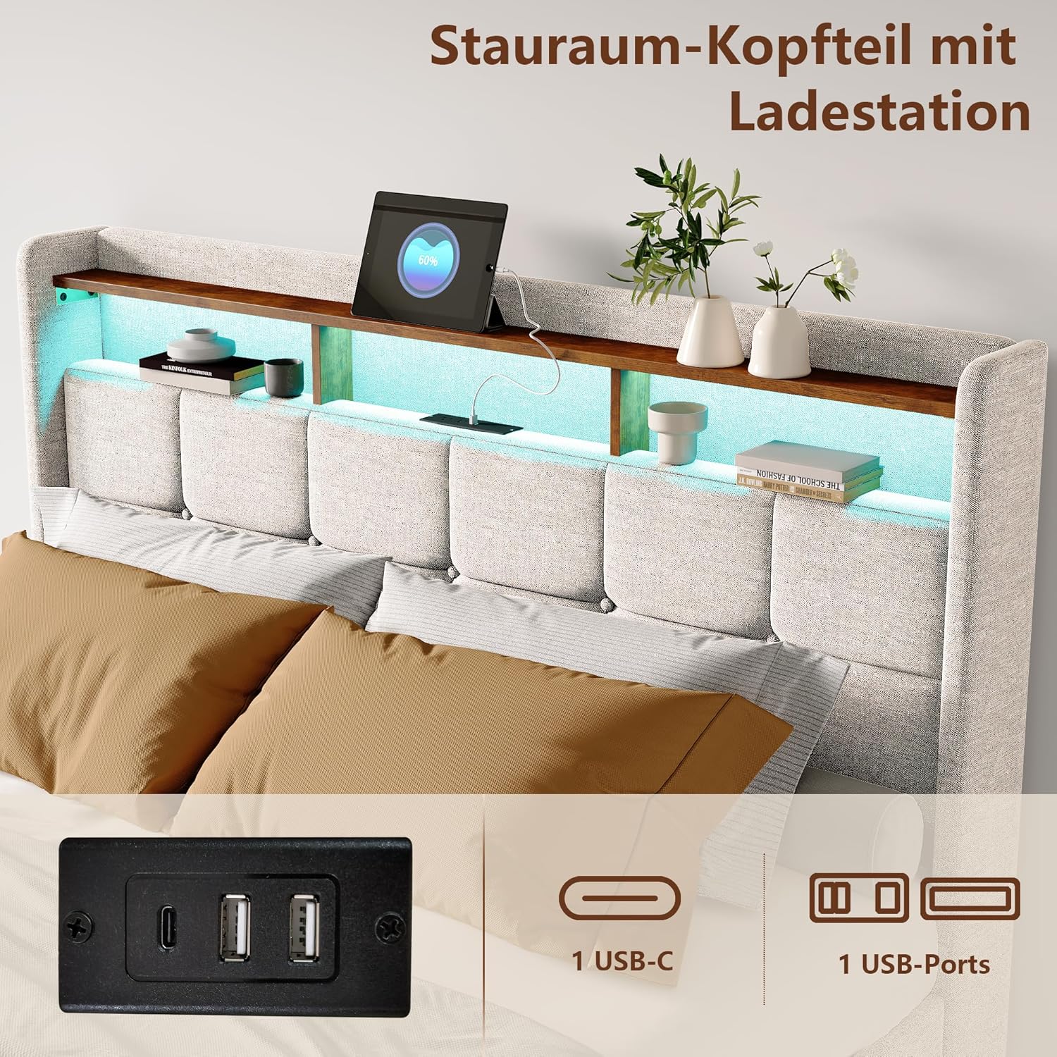 Lit Coffre Capitonné 140 x 200 cm – Tête de Lit Hydraulique & Sommier à Lattes – Flanelle Blanc Cassé