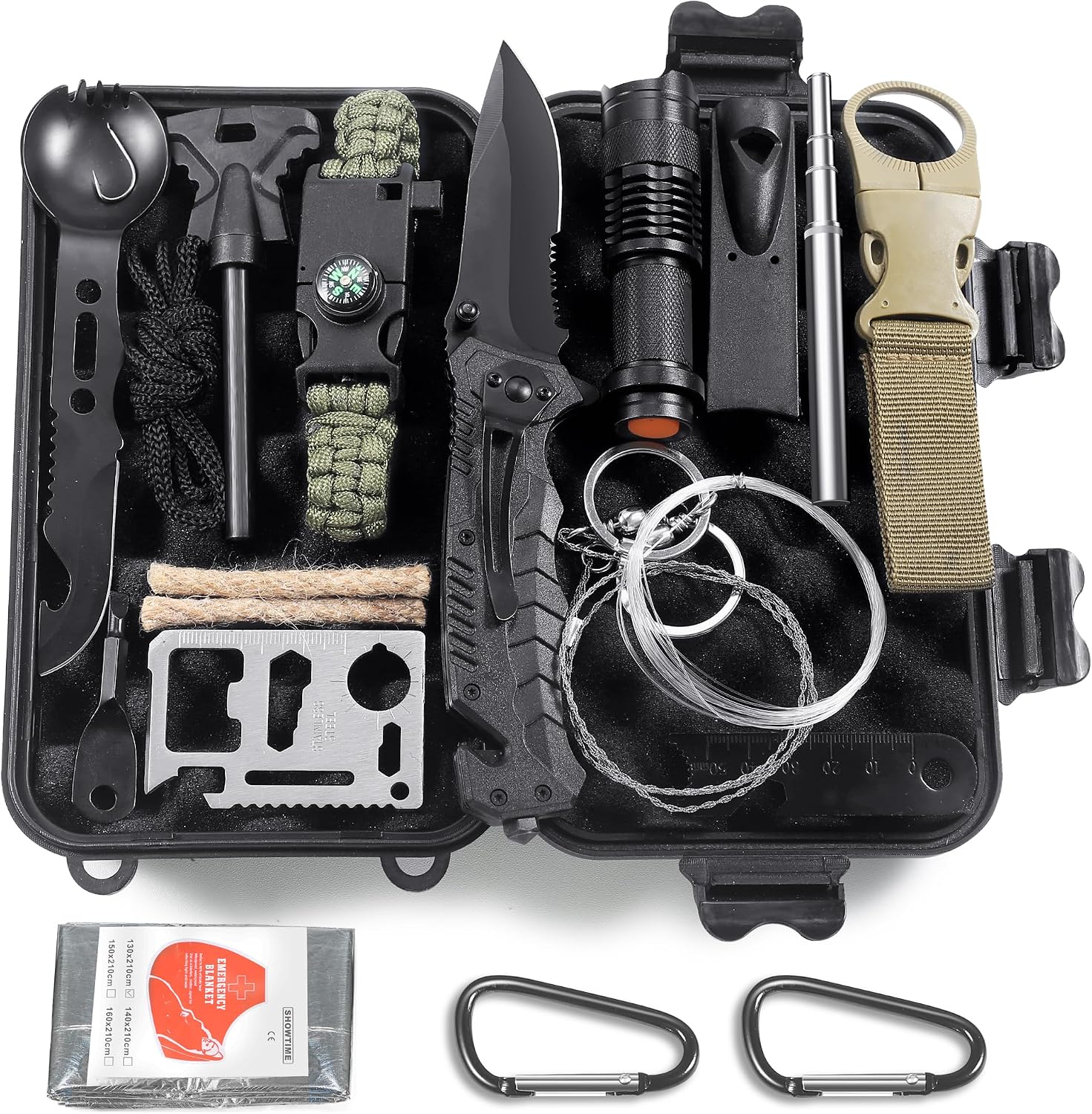 14-in-1 multifunctionele survivalset voor eerste hulp, outdoorsport, camping en bergbeklimmen, vuursteen, thermische deken, fluitje