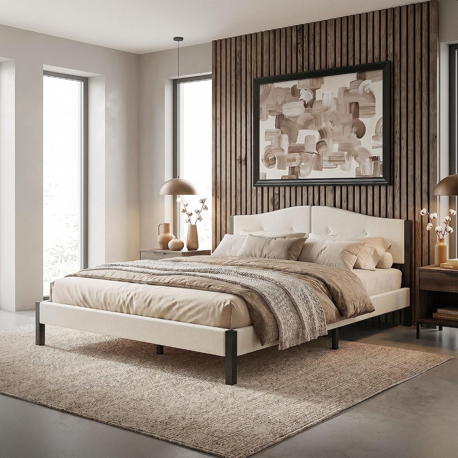 Lit Rembourré ML-Design | Cadre en Acier, Sommier à Lattes, Tête de Lit | Tissu Lin Beige ou Gris | 90/140/160/180 x 200 cm