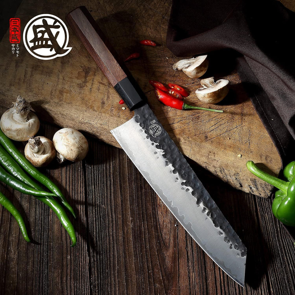 Couteau Gyuto Japonais MITSUMOTO SAKARI 22 cm – Forgé Main, Acier Haute Carbone, Bois de Rose
