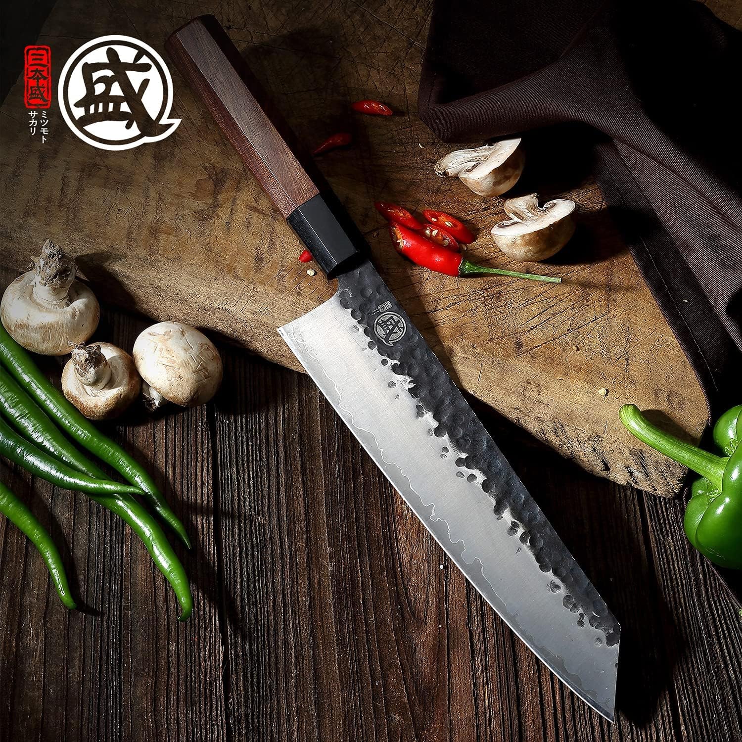 Couteau Gyuto Japonais MITSUMOTO SAKARI 22 cm – Forgé Main, Acier Haute Carbone, Bois de Rose