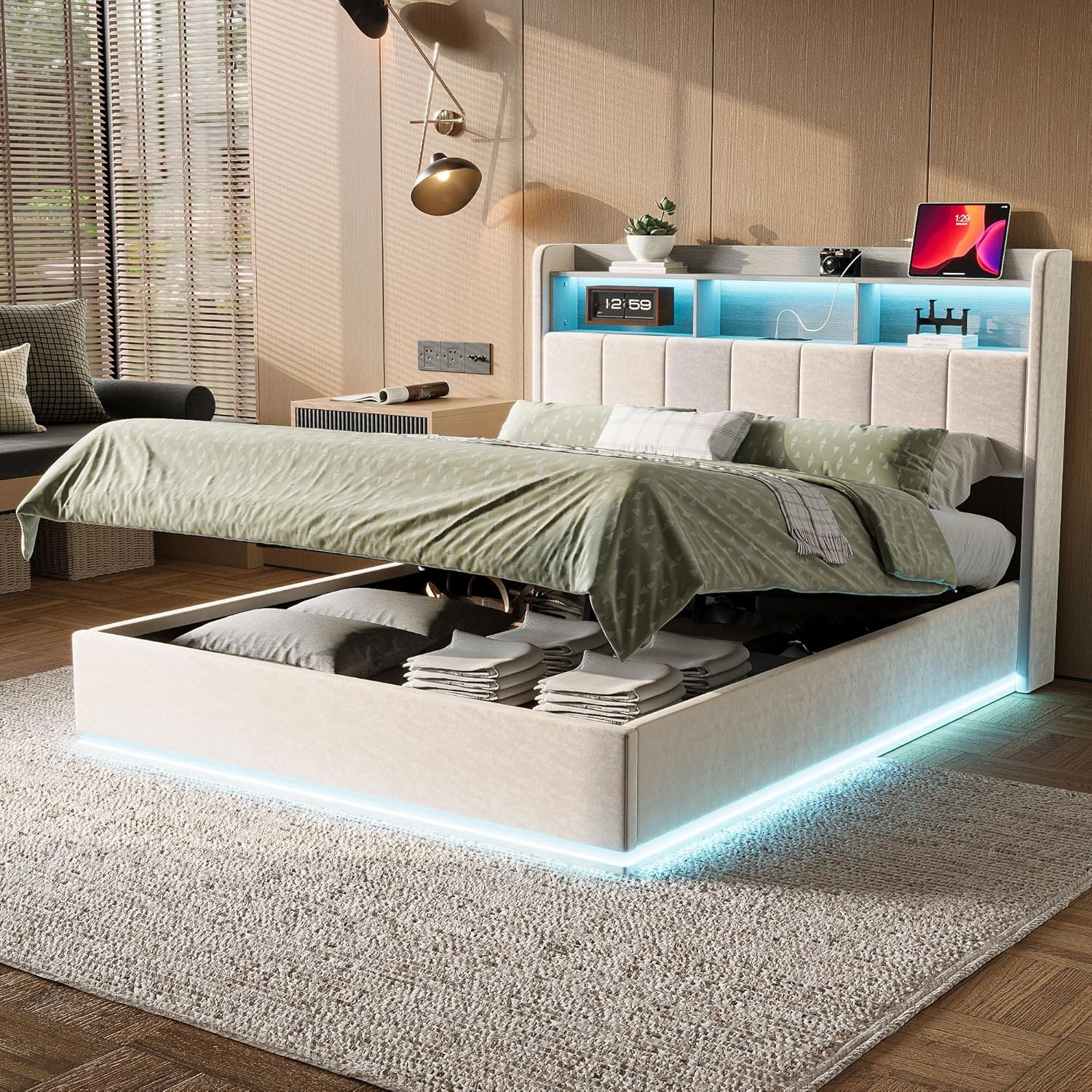 Lit Coffre LED RGB & Port USB | Rangement Hydraulique | Tête de Lit Rembourrée avec Étagères | 90 à 160 x 200 cm