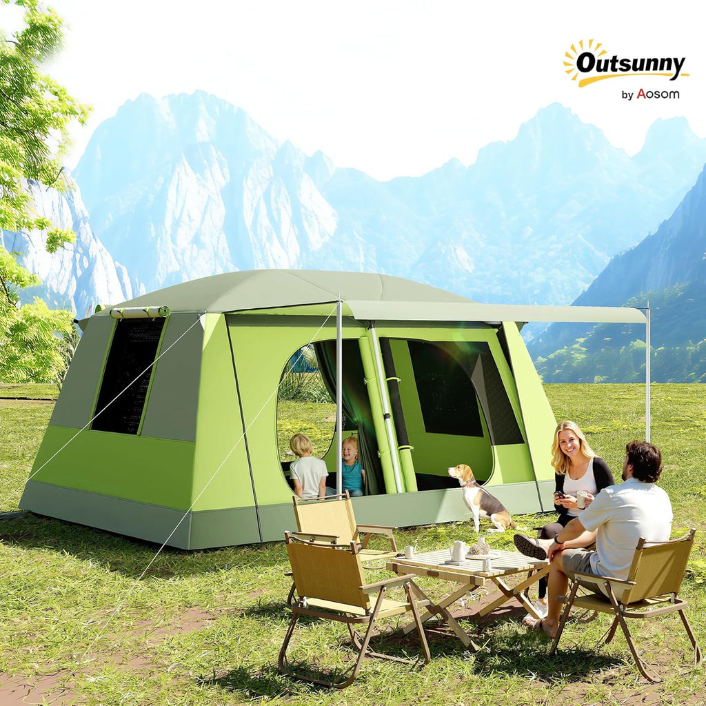 Outsunny Campingtent met veranda voor 4 personen, familietent, licht, draagbaar, eenvoudig te installeren, draagtas en haak, voor reizen, wandelen, 405 x 305 x 225 cm, groen