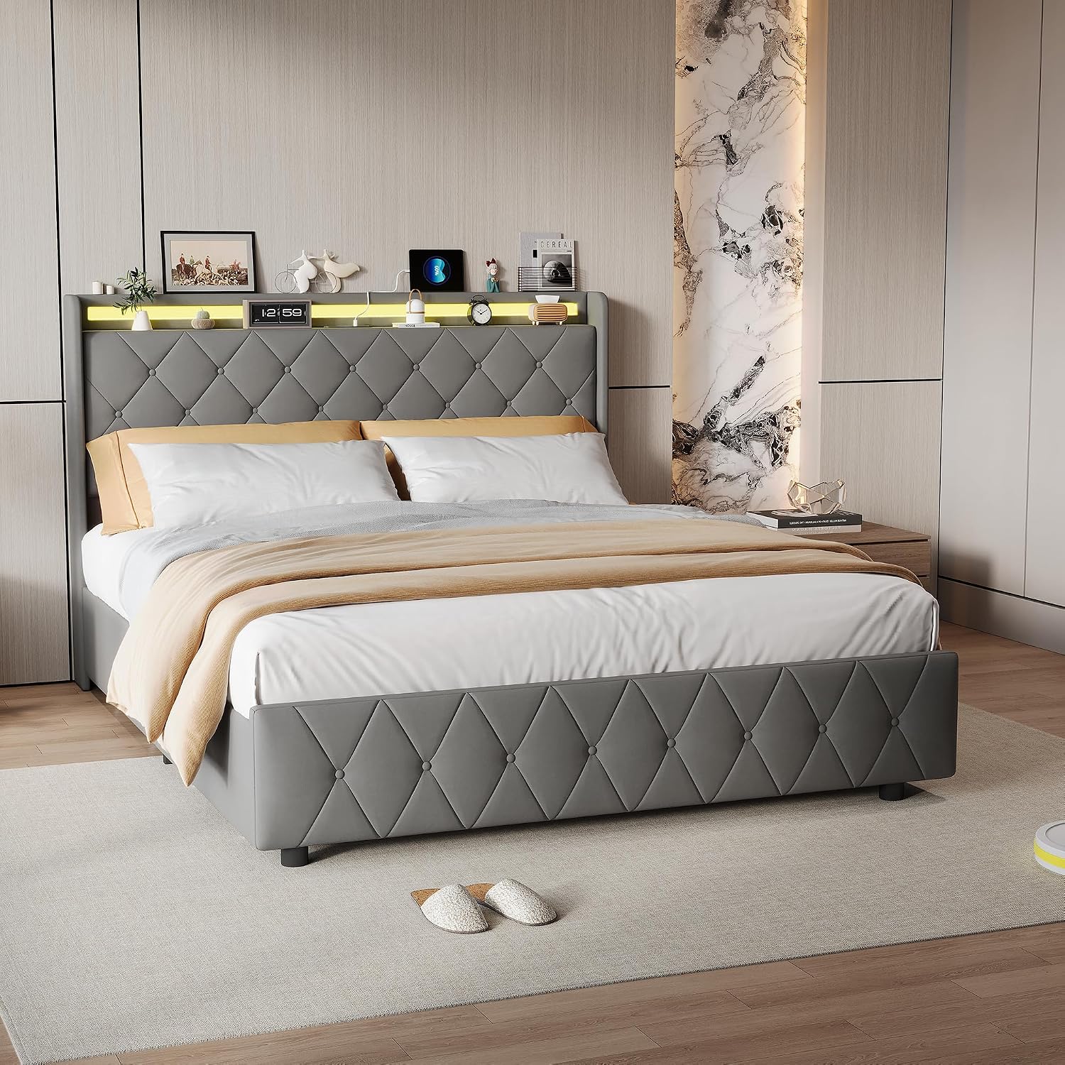 Lit Double 140x200 cm – 4 Tiroirs de Rangement, Éclairage LED +6000 Couleurs & Tête de Lit Réglable en PU