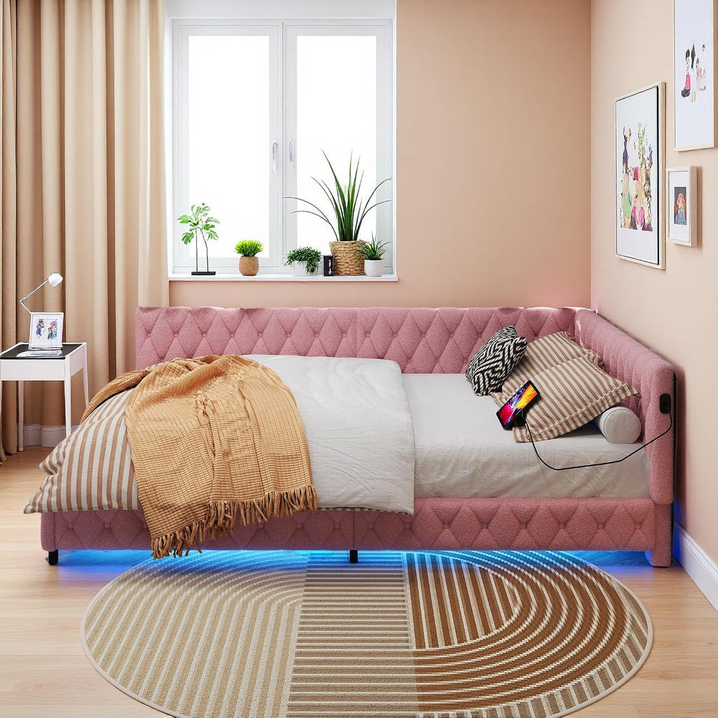 Canapé-Lit Convertible LKPOMI 2 Places — Velours Beige, Lit 180x200 cm