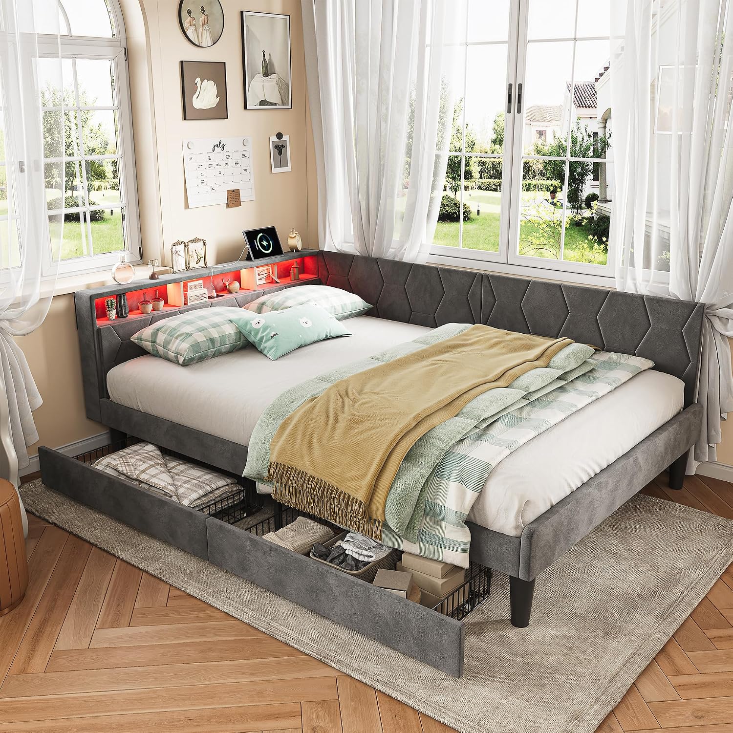 Canapé-Lit Convertible LKPOMI 2 Places — Velours Beige, Lit 180x200 cm