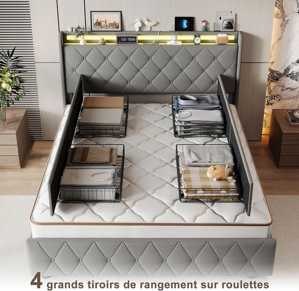 Lit Double 140x200 cm – 4 Tiroirs de Rangement, Éclairage LED +6000 Couleurs & Tête de Lit Réglable en PU
