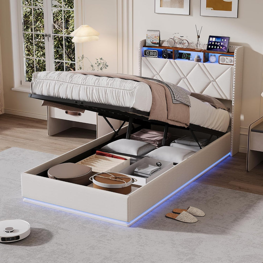 Lit Coffre 90x200 cm – Tête de Lit Rangement, Éclairage LED 16 Couleurs & Ports USB/USB-C