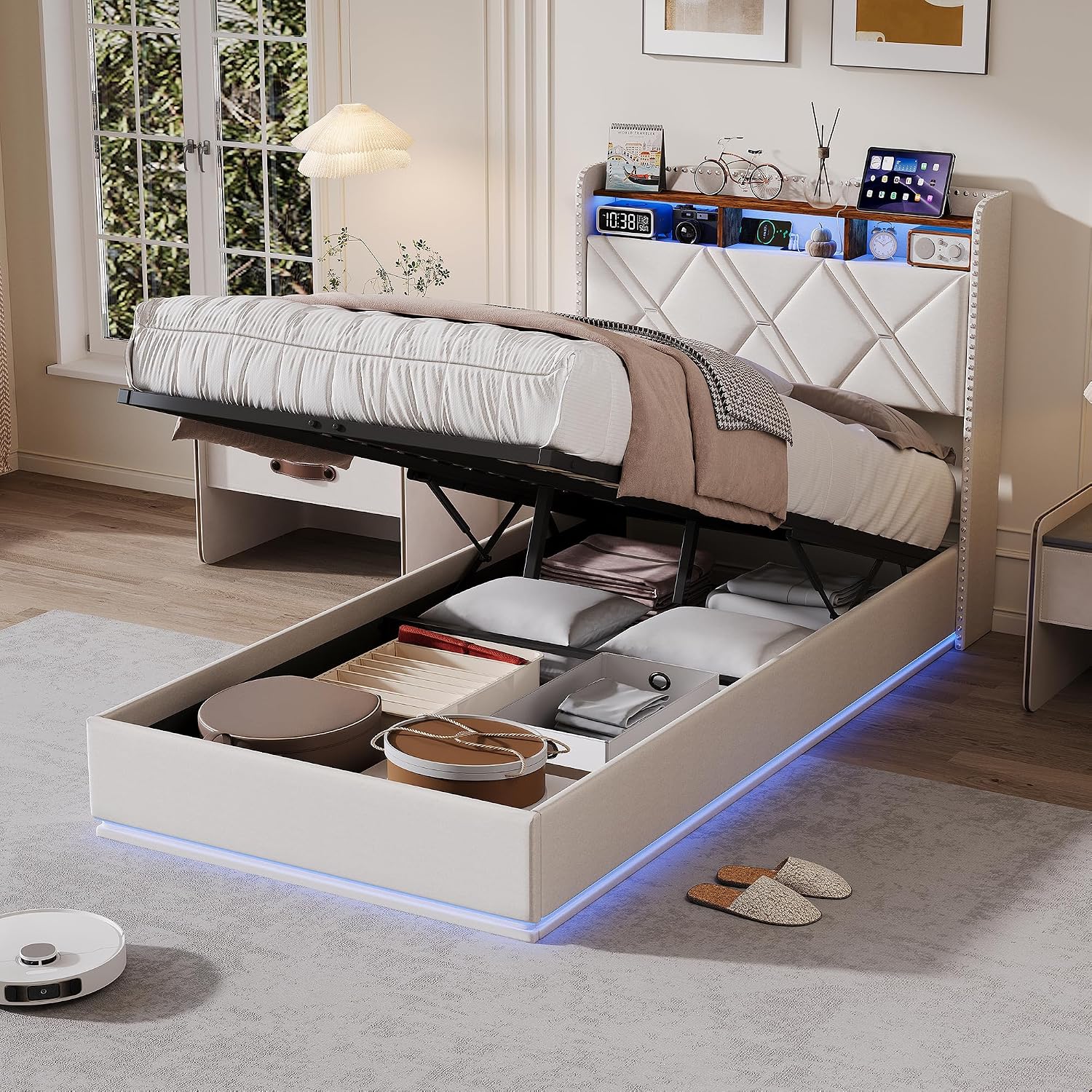 Lit Coffre 90x200 cm – Tête de Lit Rangement, Éclairage LED 16 Couleurs & Ports USB/USB-C