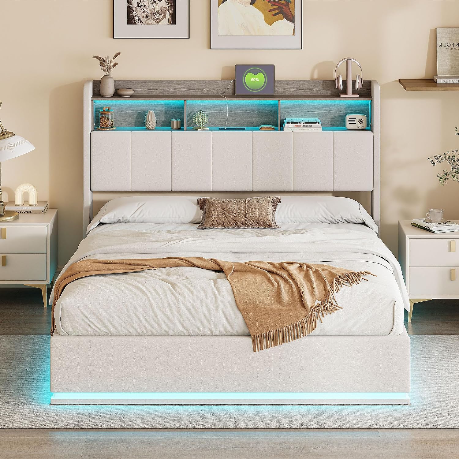 Lit Coffre LED RGB & Port USB | Rangement Hydraulique | Tête de Lit Rembourrée avec Étagères | 90 à 160 x 200 cm