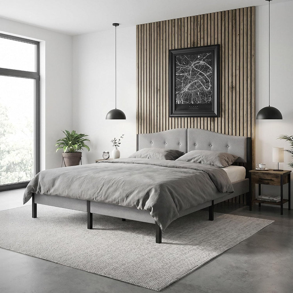 Lit Rembourré ML-Design | Cadre en Acier, Sommier à Lattes, Tête de Lit | Tissu Lin Beige ou Gris | 90/140/160/180 x 200 cm