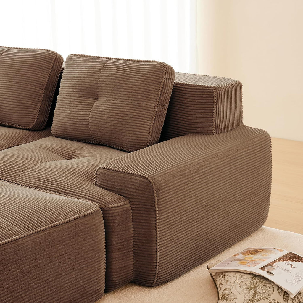 Canapé modulable en L Bladez – 3+1 places – Tissu côtelé kaki clair – Assise profonde
