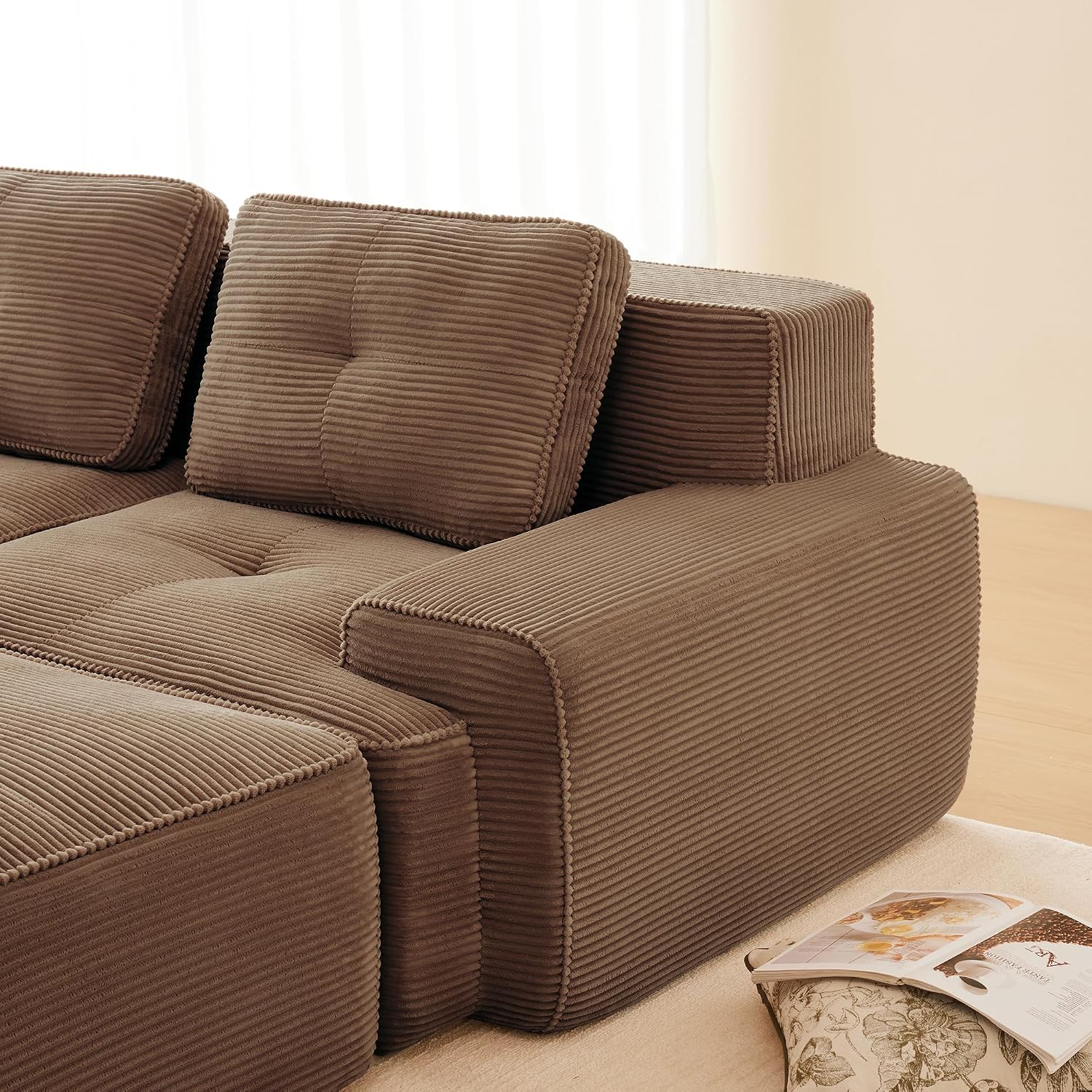 Canapé modulable en L Bladez – 3+1 places – Tissu côtelé kaki clair – Assise profonde