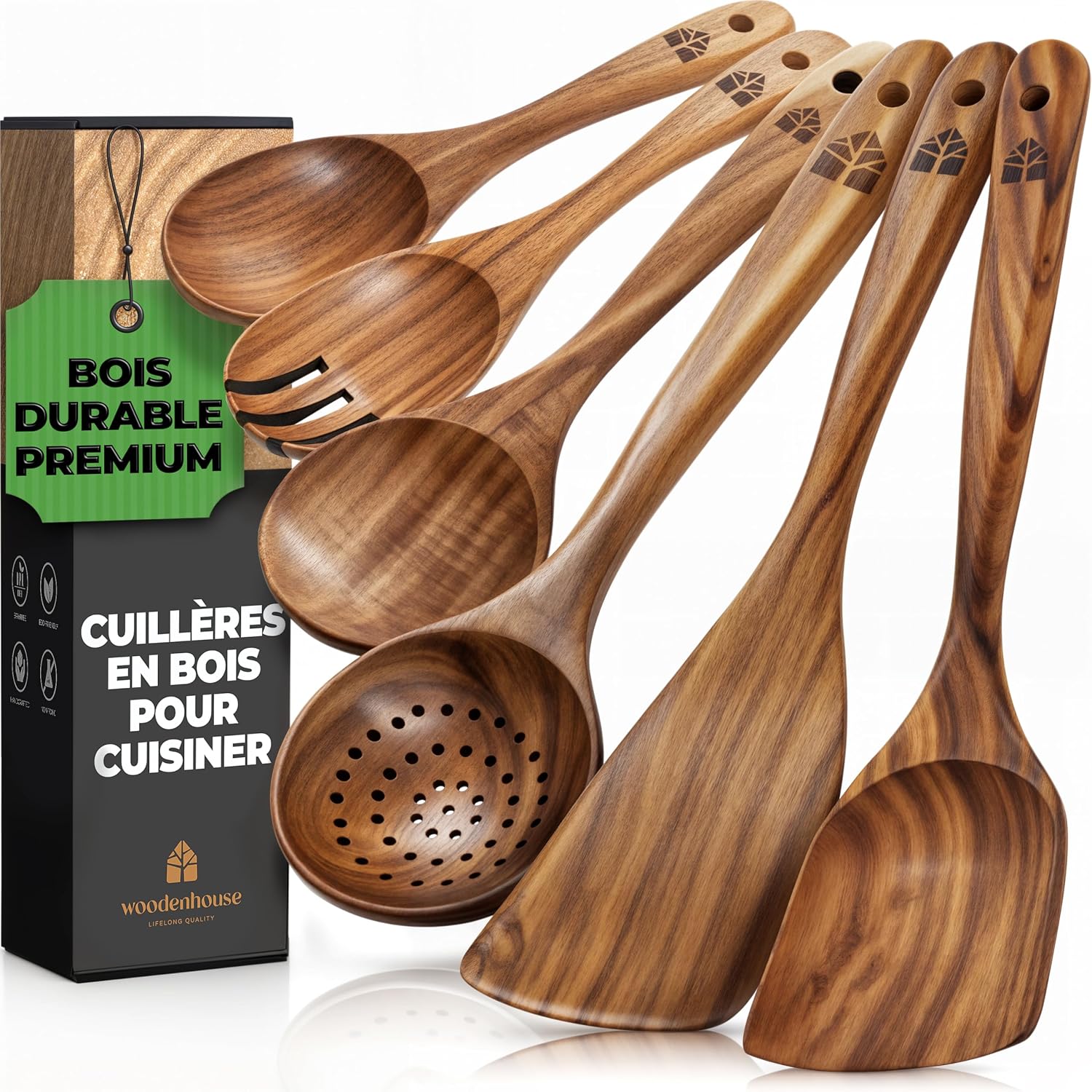 Set d'Ustensiles de Cuisine en Bois de Teck 10 Pièces — Anti-rayures, Sans BPA