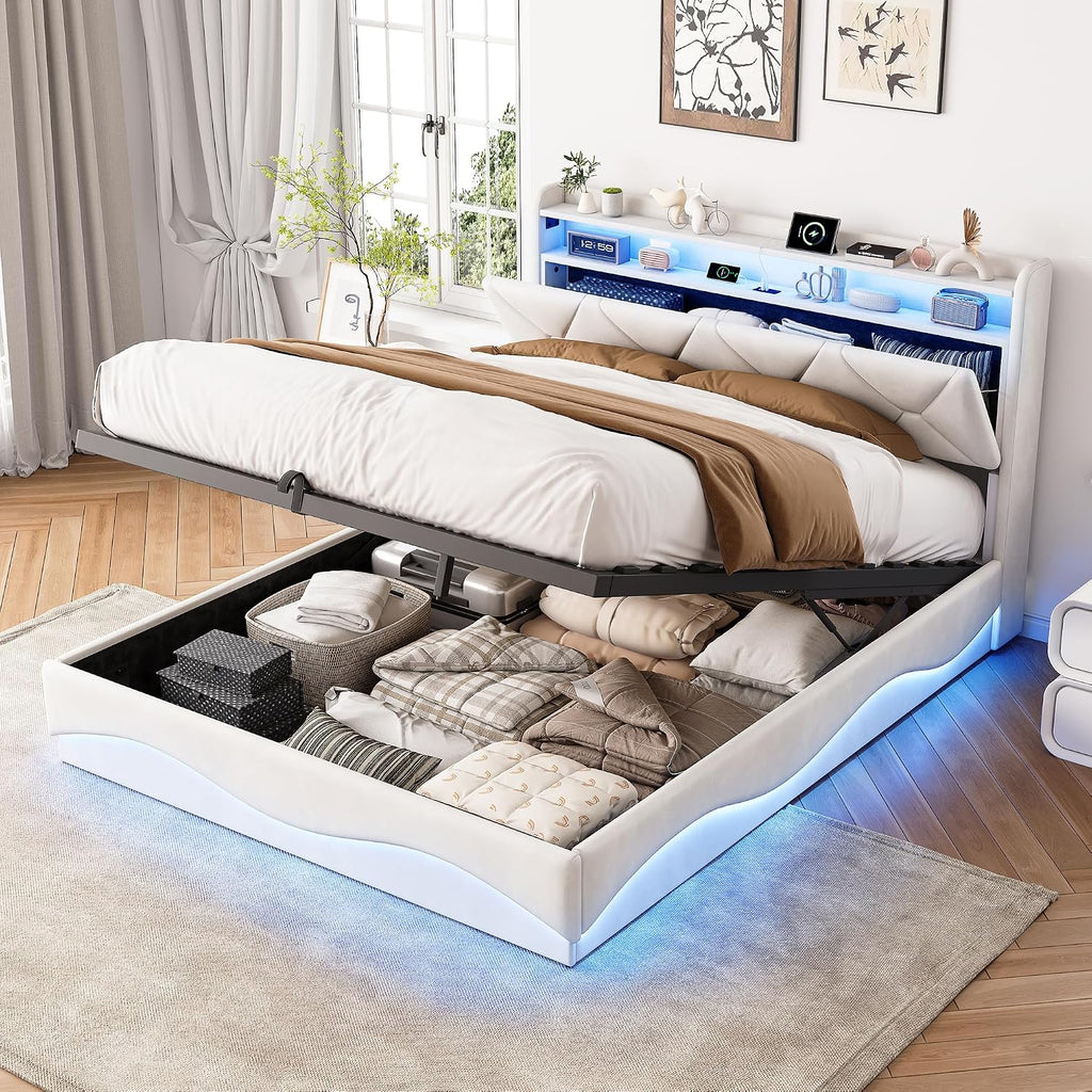 Lit Coffre BRILVERDE | LED RGB & Port USB | Sommier à Lattes | Tissu Lin | 90 à 160 x 200 cm