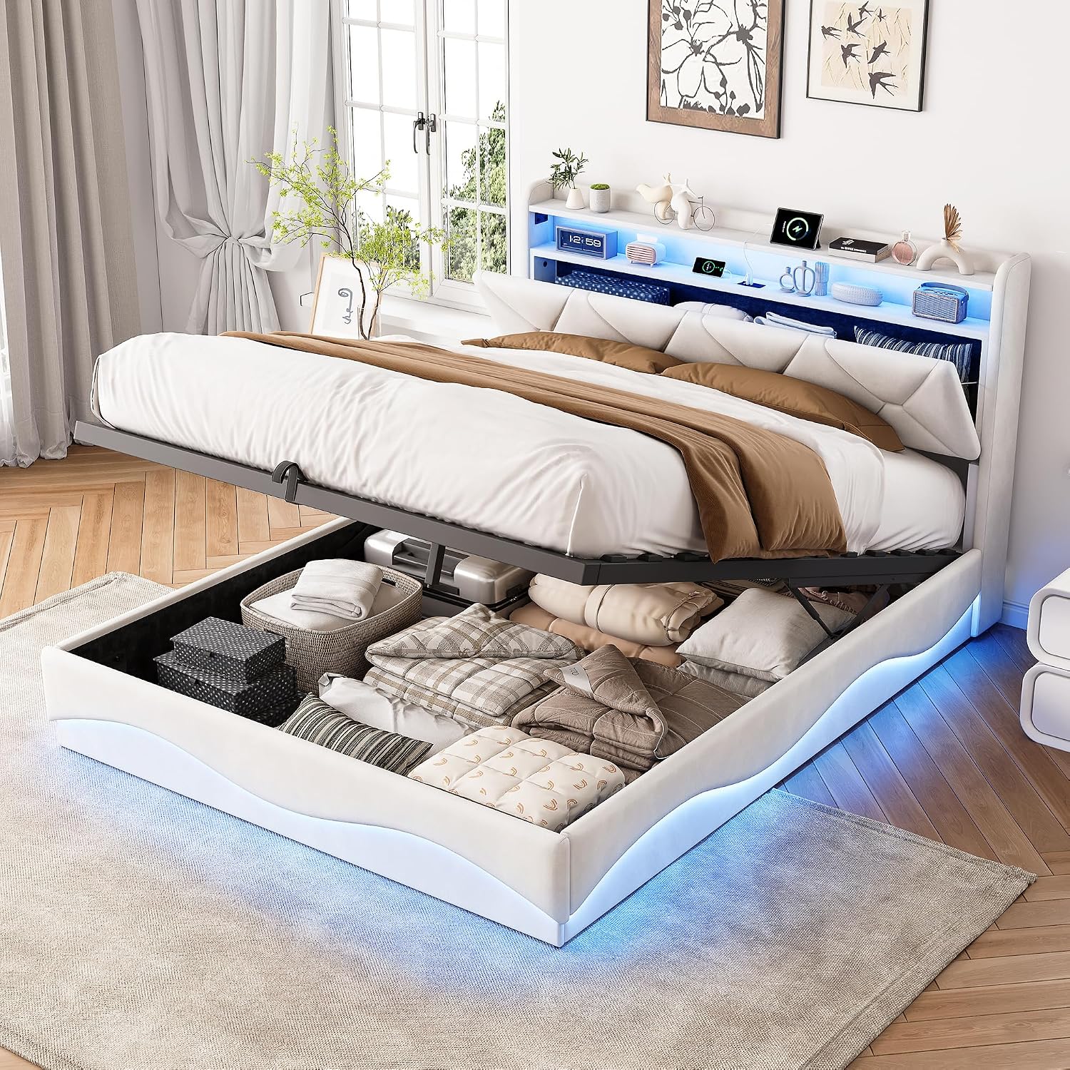 Lit Coffre BRILVERDE | LED RGB & Port USB | Sommier à Lattes | Tissu Lin | 90 à 160 x 200 cm
