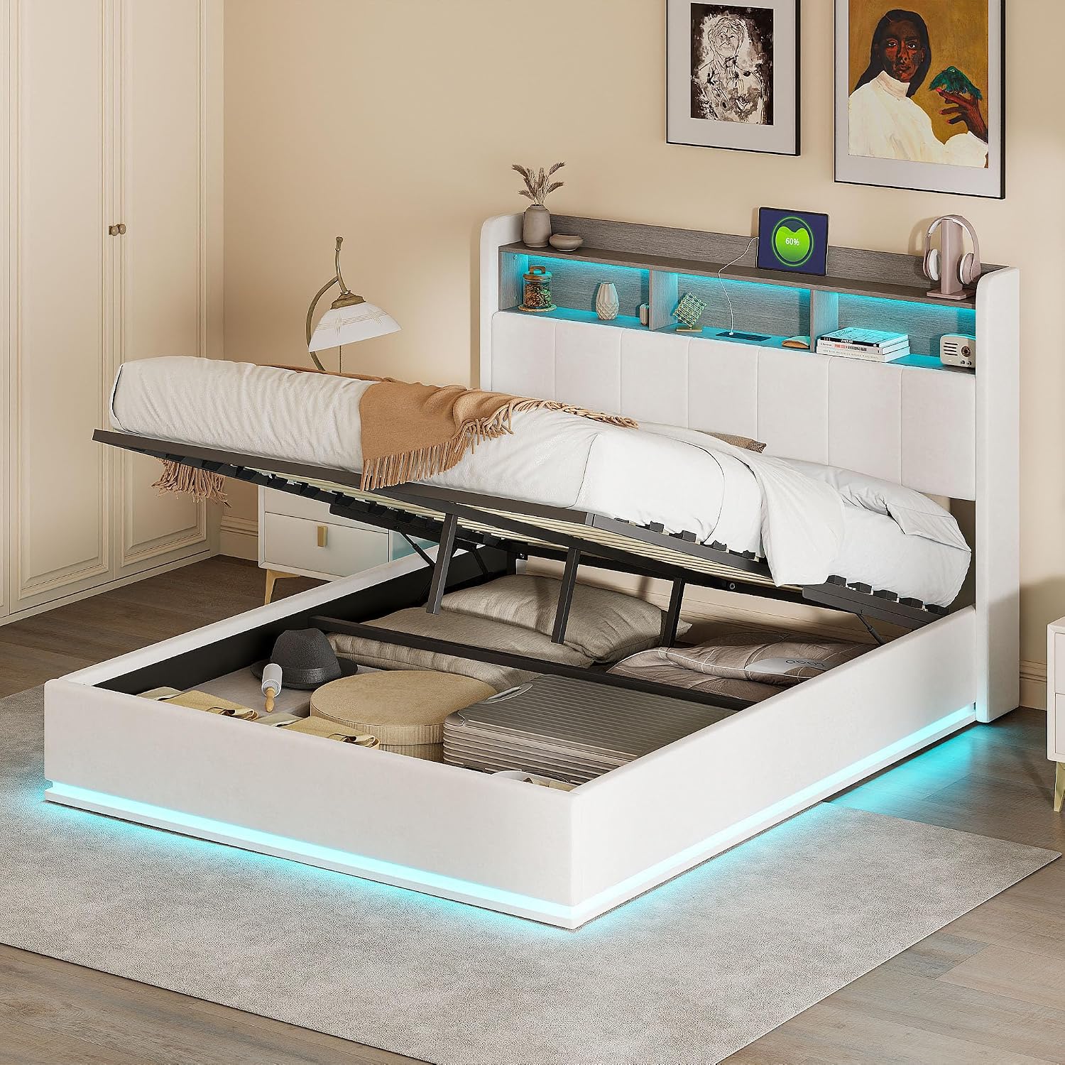Lit Coffre LED RGB & Port USB | Rangement Hydraulique | Tête de Lit Rembourrée avec Étagères | 90 à 160 x 200 cm