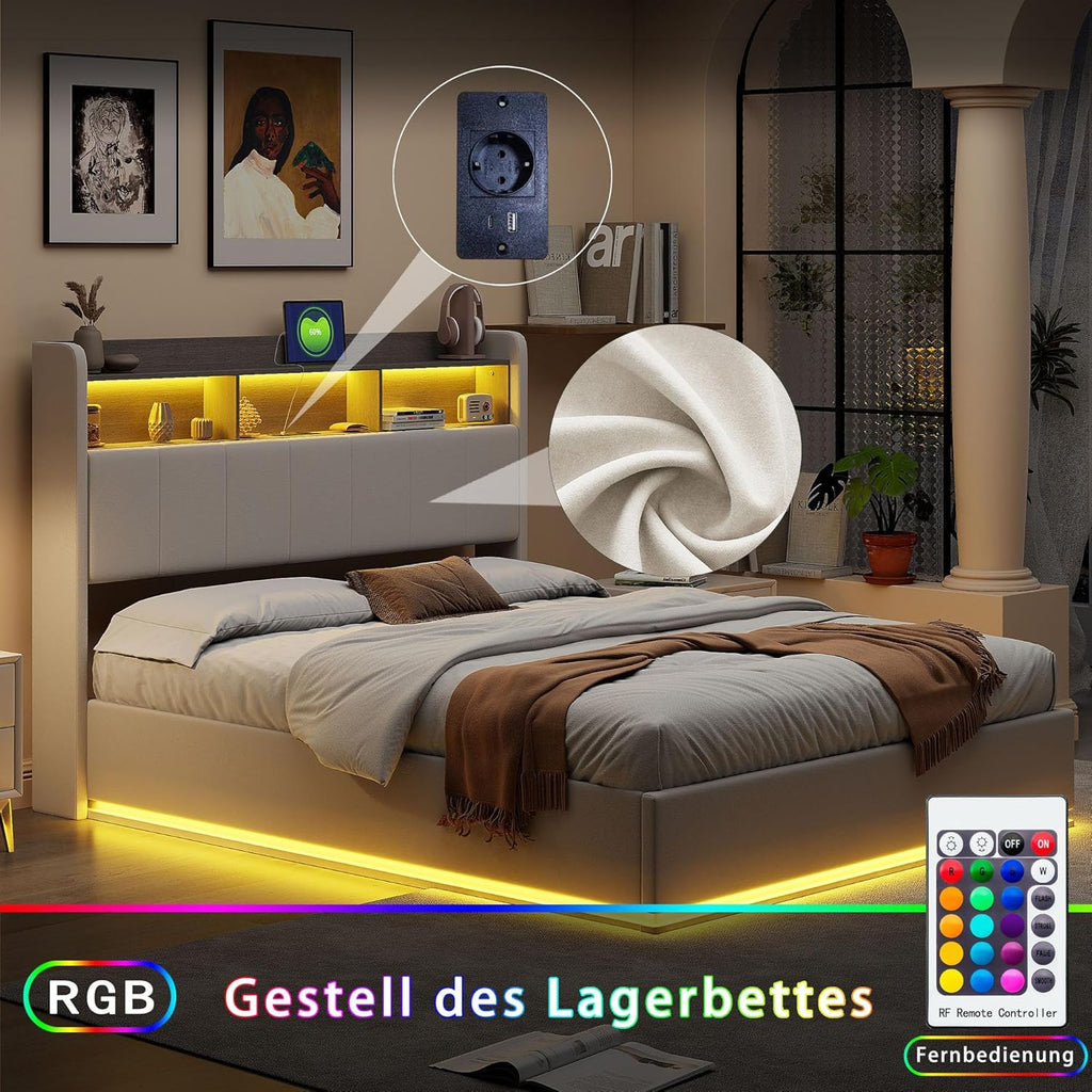 Lit Coffre LED RGB & Port USB | Rangement Hydraulique | Tête de Lit Rembourrée avec Étagères | 90 à 160 x 200 cm