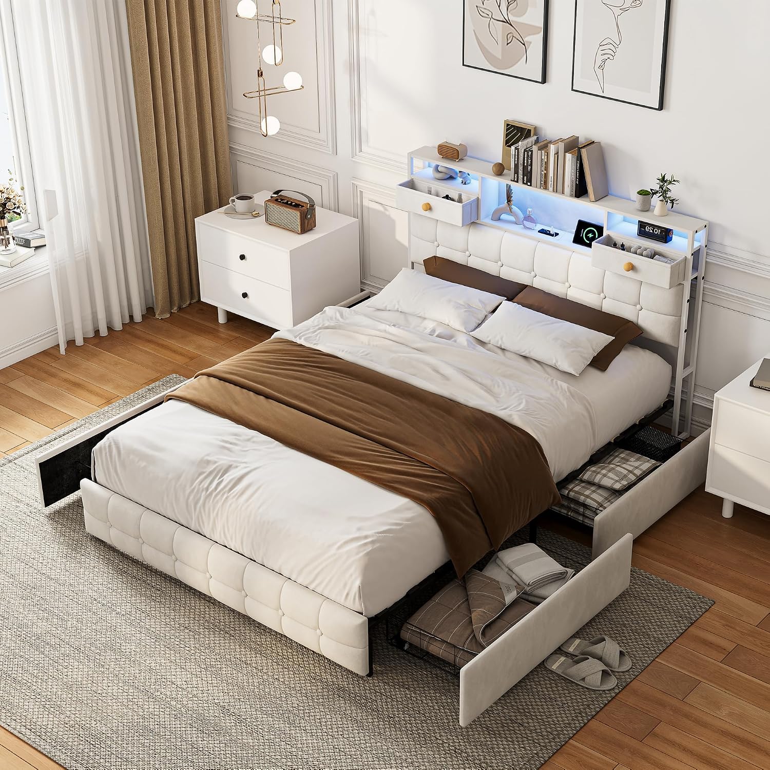 Lit Double 140x200 cm – 4 Tiroirs de Rangement, Éclairage LED +6000 Couleurs & Tête de Lit Réglable en PU