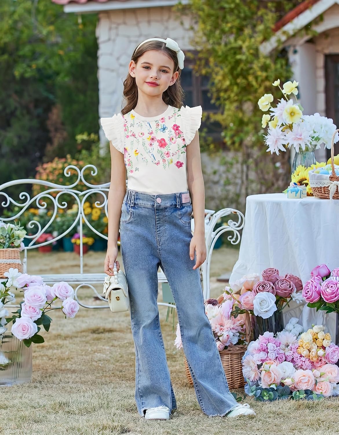 Arshiner T-shirt met kanten mouwen voor meisjes, zomertop, ronde hals, korte mouwen, casual, effen, 5-14 jaar