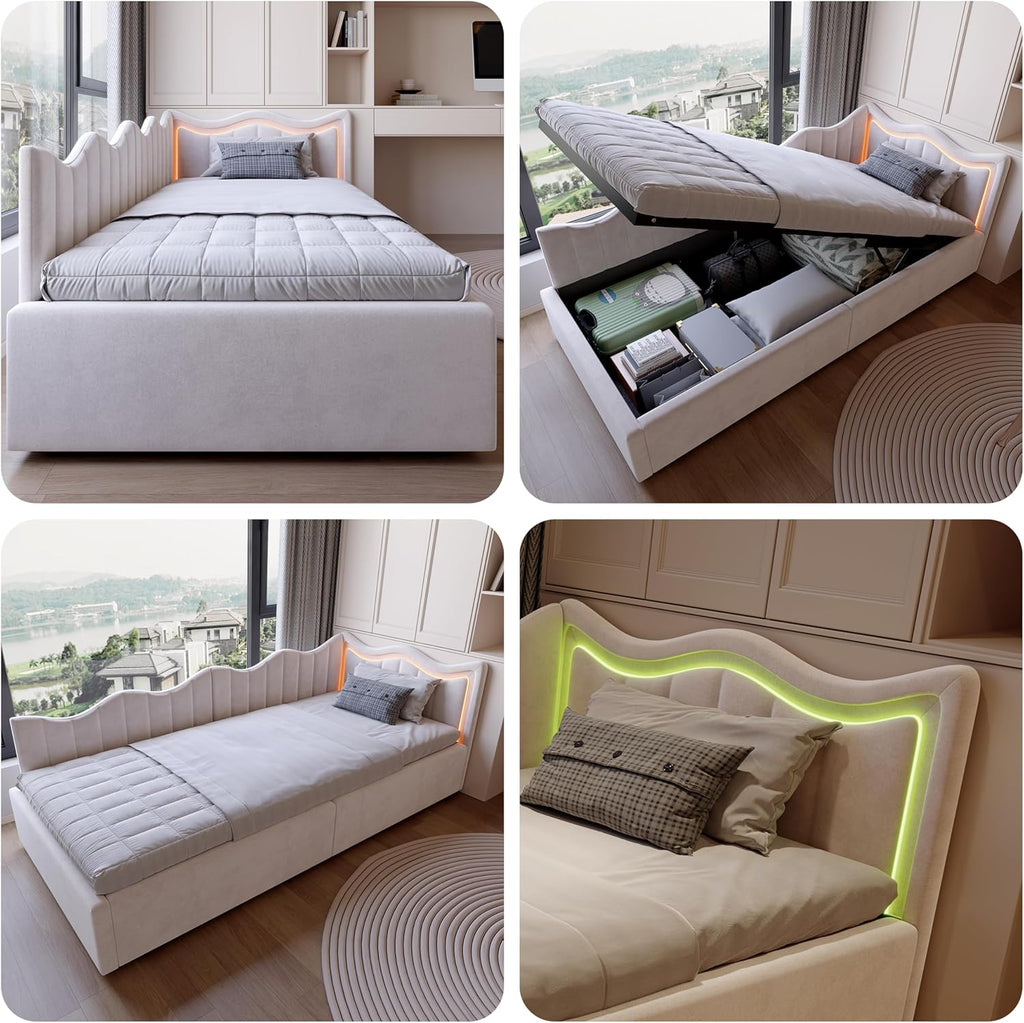 Canapé-Lit Convertible LKPOMI 2 Places — Velours Beige, Lit 180x200 cm