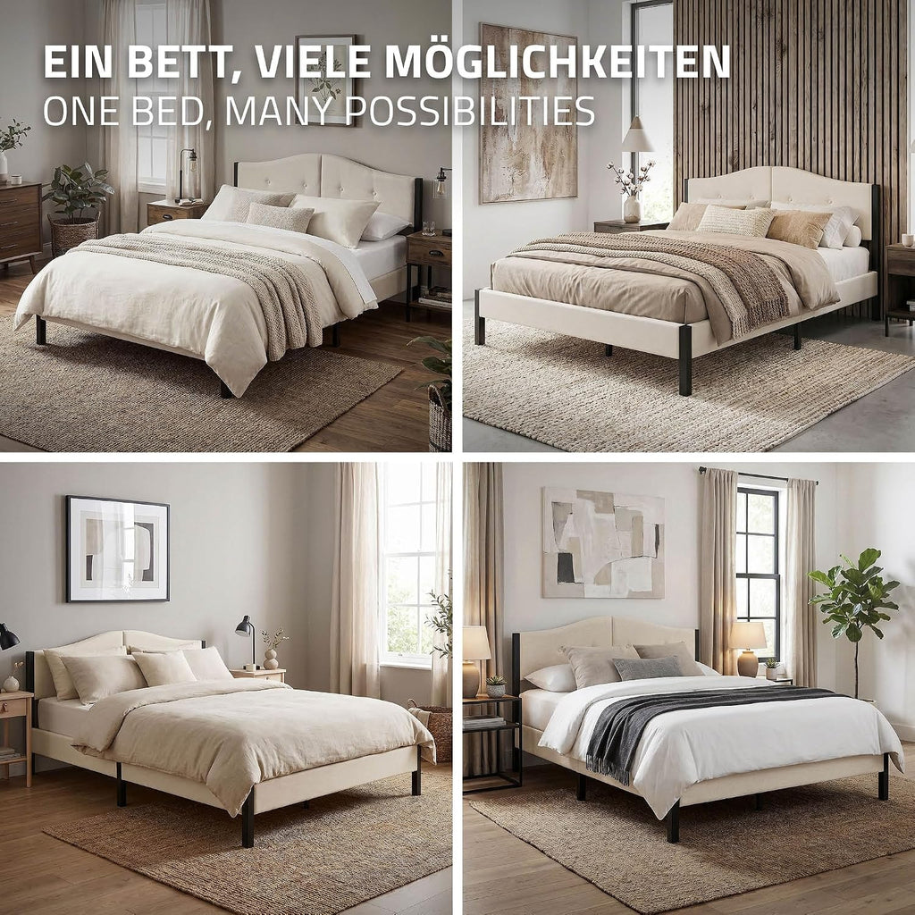 Lit Rembourré ML-Design | Cadre en Acier, Sommier à Lattes, Tête de Lit | Tissu Lin Beige ou Gris | 90/140/160/180 x 200 cm