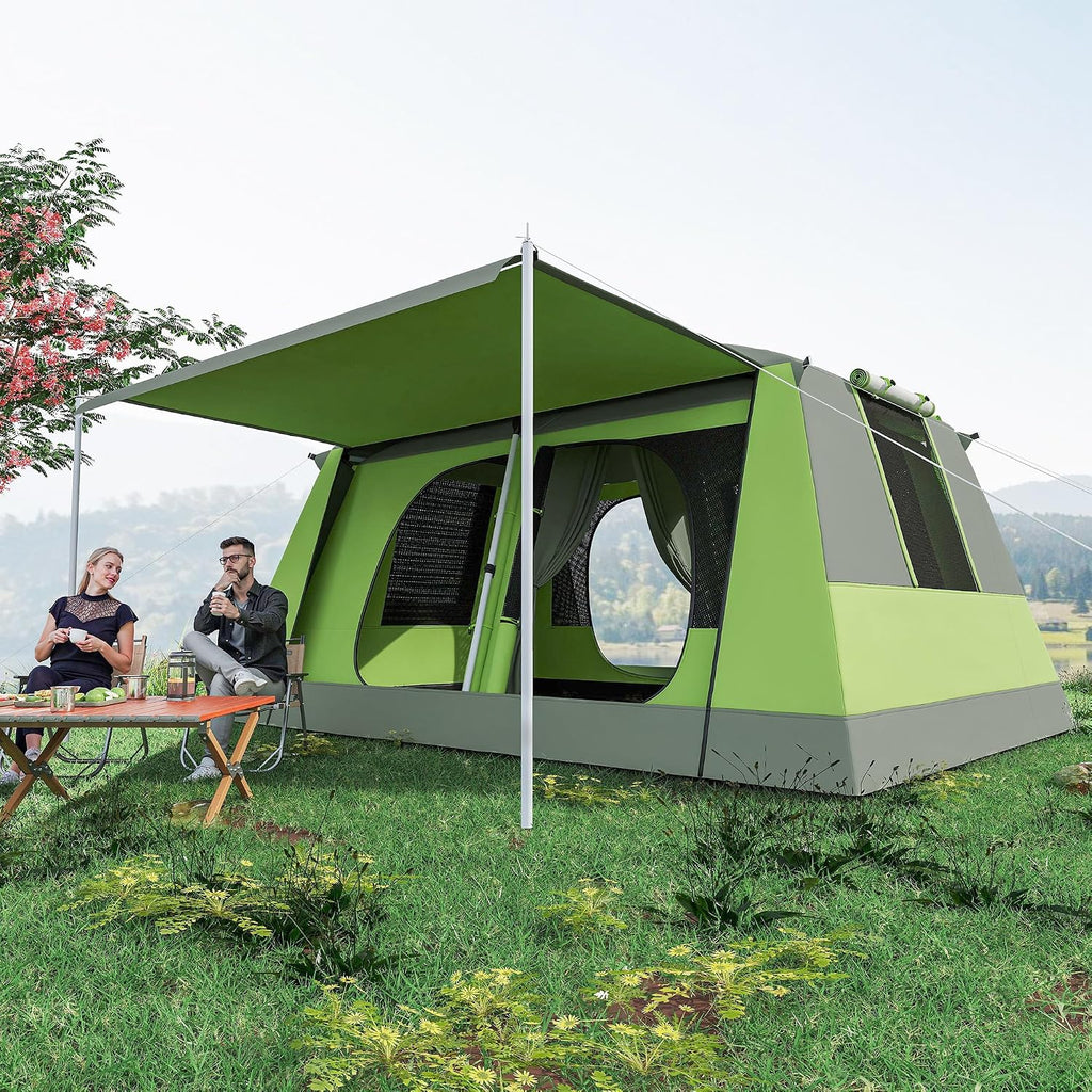 Outsunny Campingtent met veranda voor 4 personen, familietent, licht, draagbaar, eenvoudig te installeren, draagtas en haak, voor reizen, wandelen, 405 x 305 x 225 cm, groen