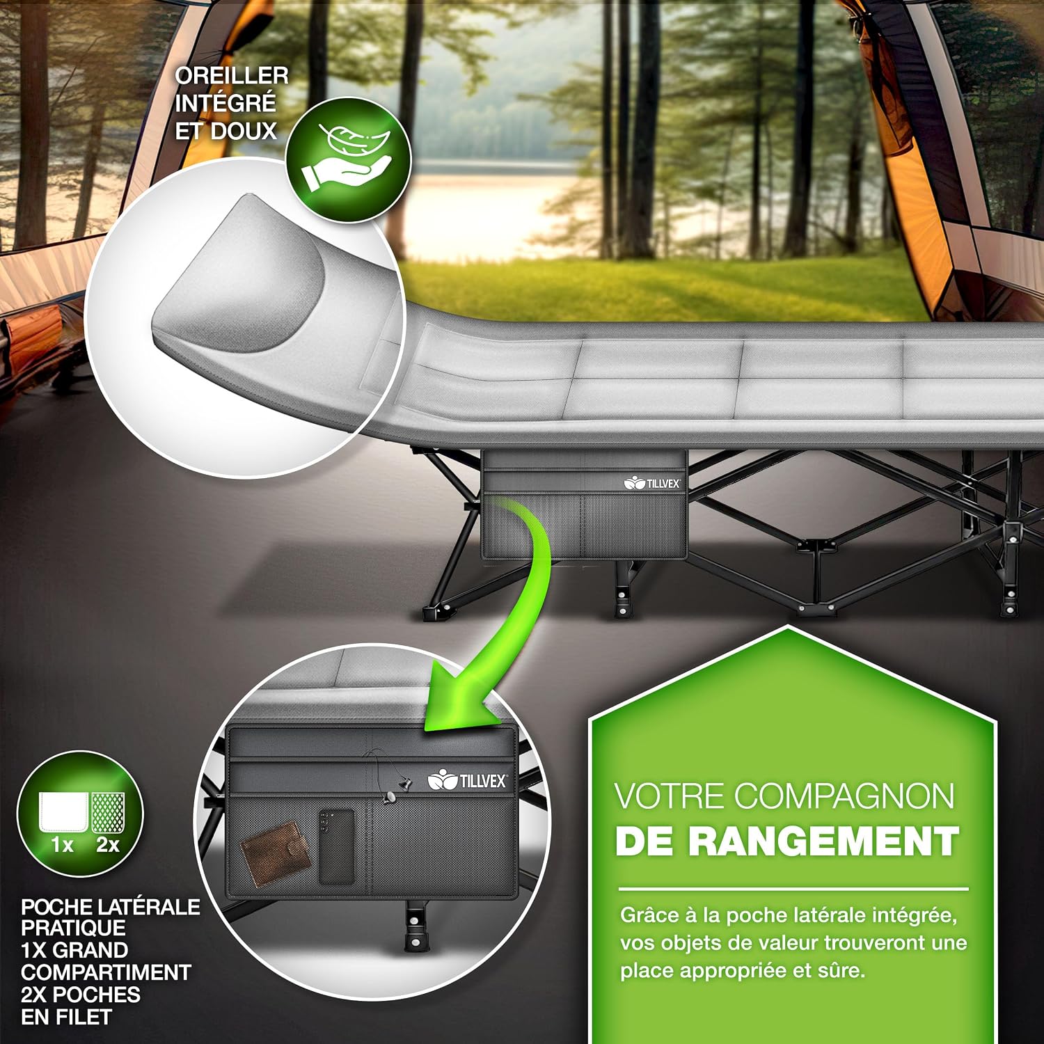 tillvex® Opvouwbaar campingbed met draagtas tot 200 kg, extra grote campingstoel, campingbed voor binnen en buiten, opvouwbaar logeerbed voor tuin, camping, vissen,